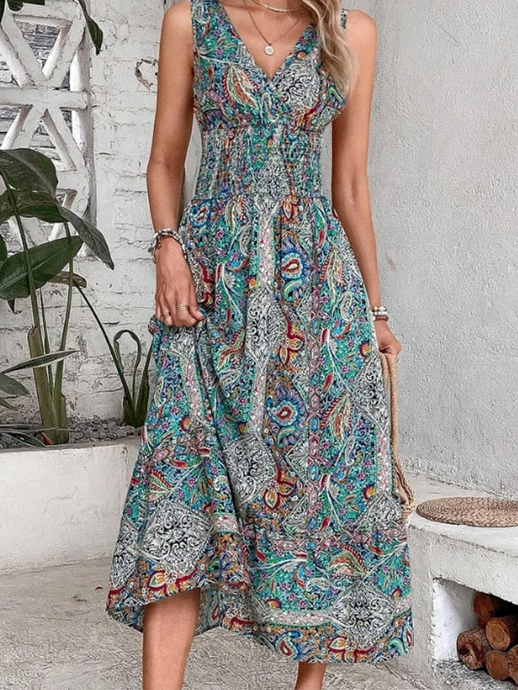 Elegant Bohemian Printed Maxi Dress - Top Boho