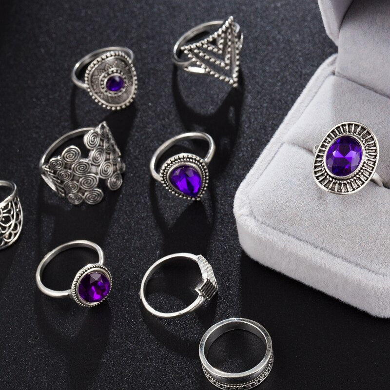 Boho Purple Rhinestone Rings 9pcs - Top Boho