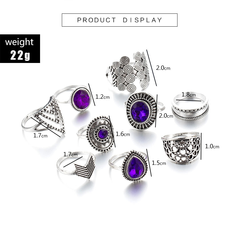 Boho Purple Rhinestone Rings 9pcs - Top Boho