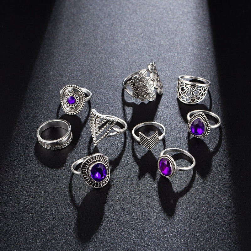 Boho Purple Rhinestone Rings 9pcs - Top Boho