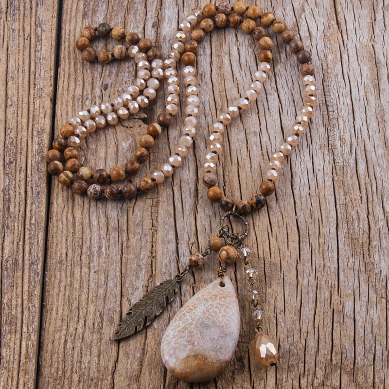 Boho Multi Stones Necklace with Drop Pendant - Top Boho