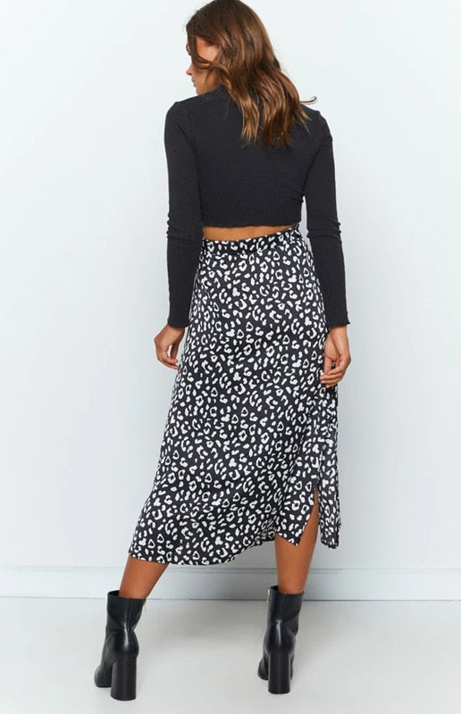 Leopard Print Chiffon Split Skirt - Top Boho