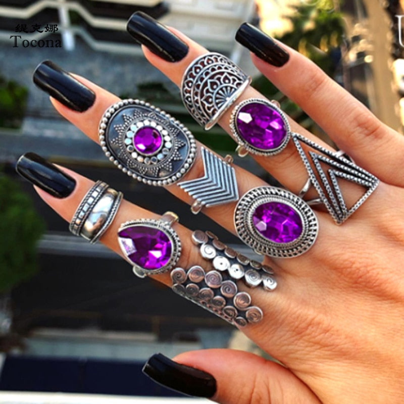 Boho Purple Rhinestone Rings 9pcs - Top Boho