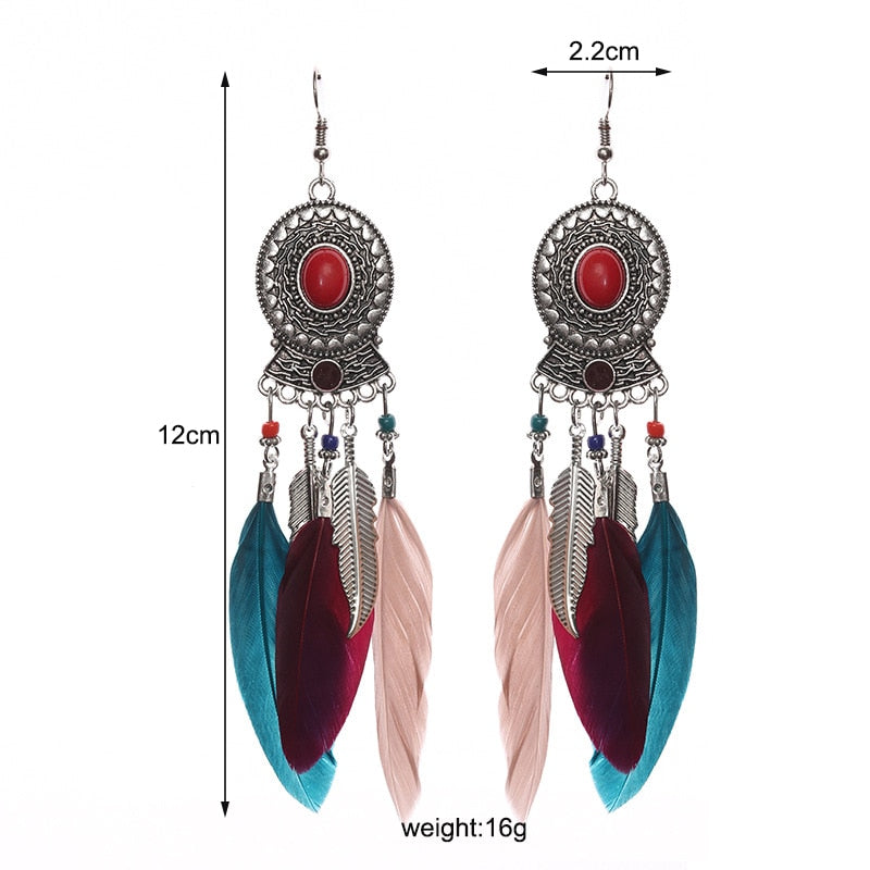 Bohemian Long Feather Dangle Earrings - Top Boho