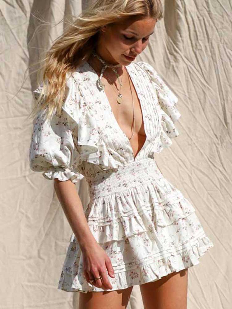 Boho V-neck Pleated Mini Dress - Top Boho