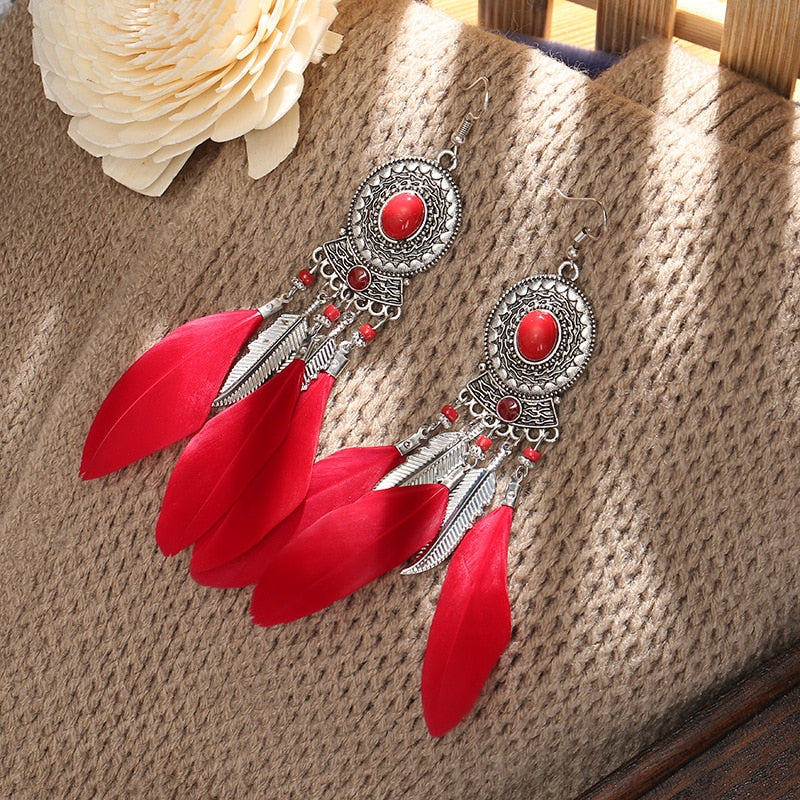 Bohemian Long Feather Dangle Earrings - Top Boho