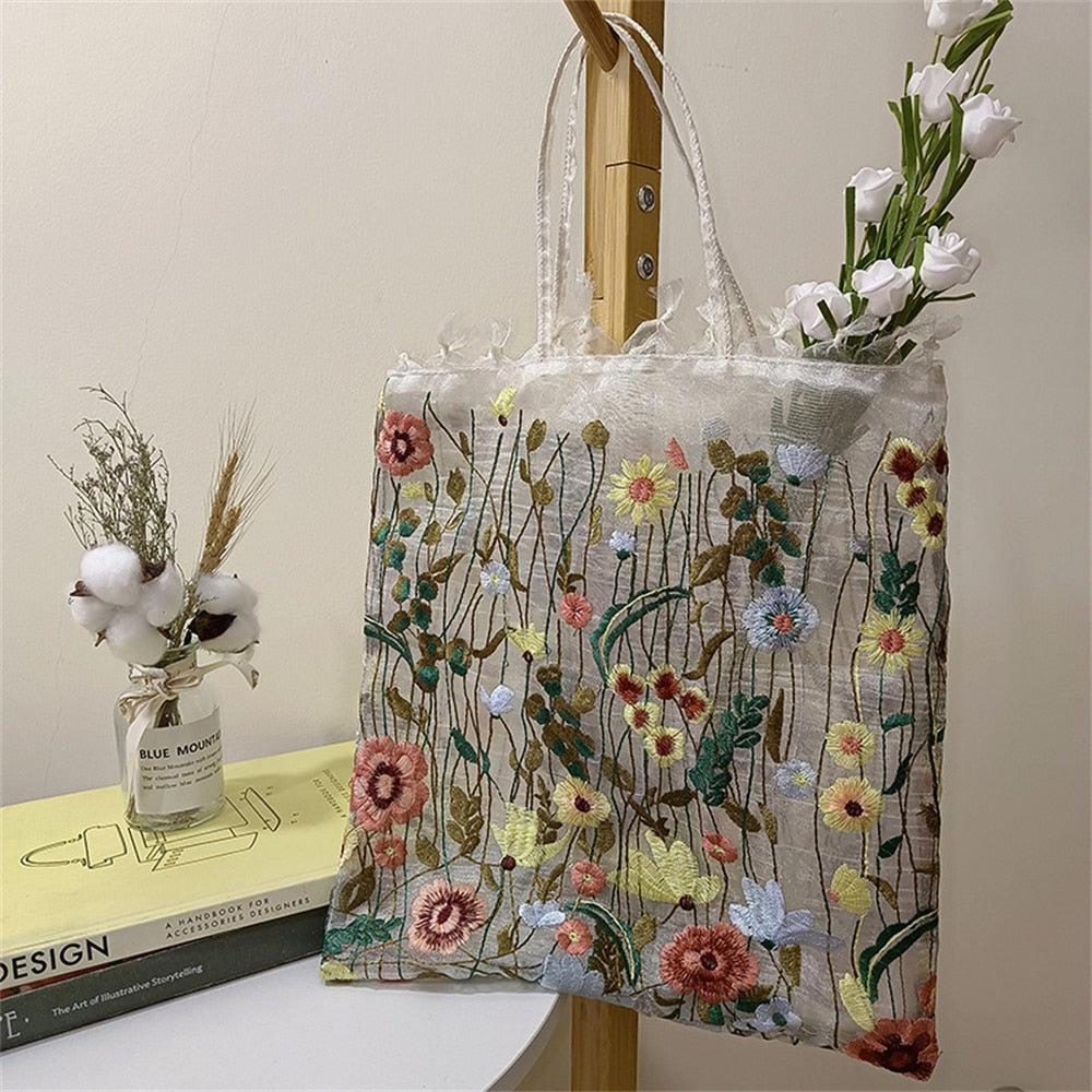 Mesh Embroidery Clear Tote Shoulder Bag - Top Boho