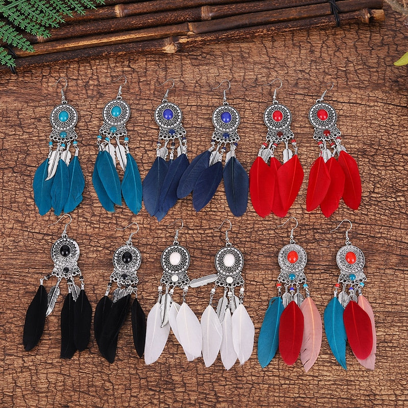 Bohemian Long Feather Dangle Earrings - Top Boho