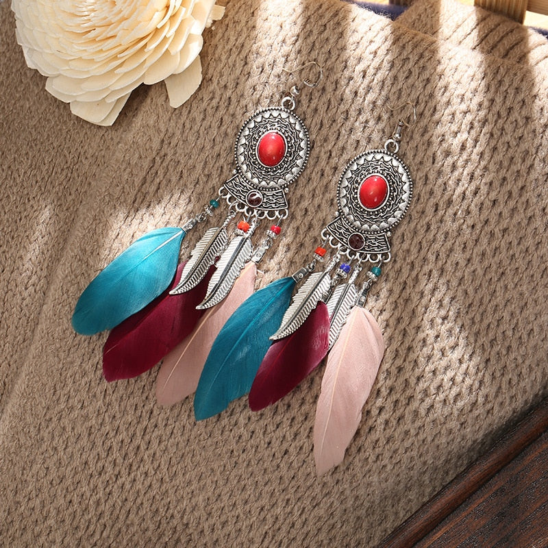 Bohemian Long Feather Dangle Earrings - Top Boho