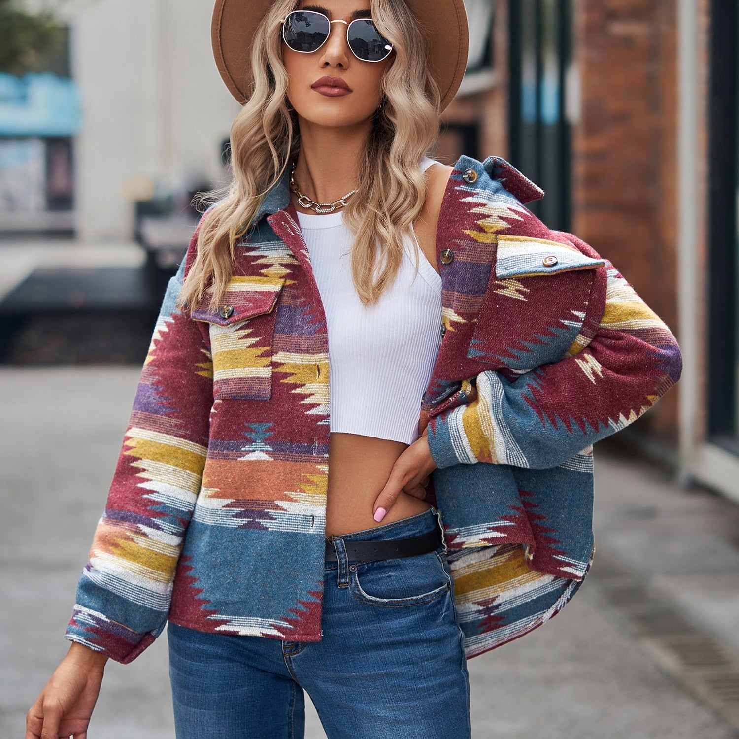 Boho Vintage Denim Print Jacket - Top Boho