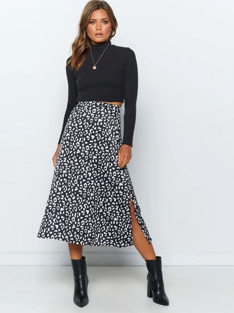 Leopard Print Chiffon Split Skirt - Top Boho