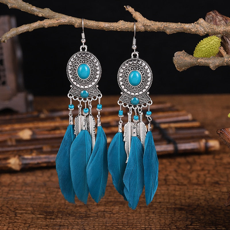 Bohemian Long Feather Dangle Earrings - Top Boho