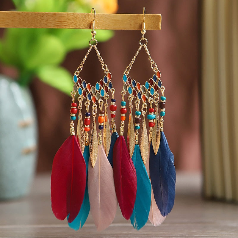 Boho Feather Tassel Earrings - Top Boho