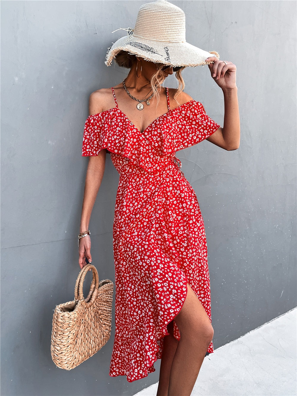 Boho Over Shoulder Ruffles Dress - Top Boho