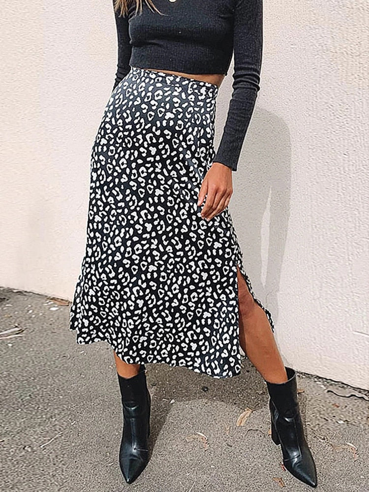 Leopard Print Chiffon Split Skirt - Top Boho